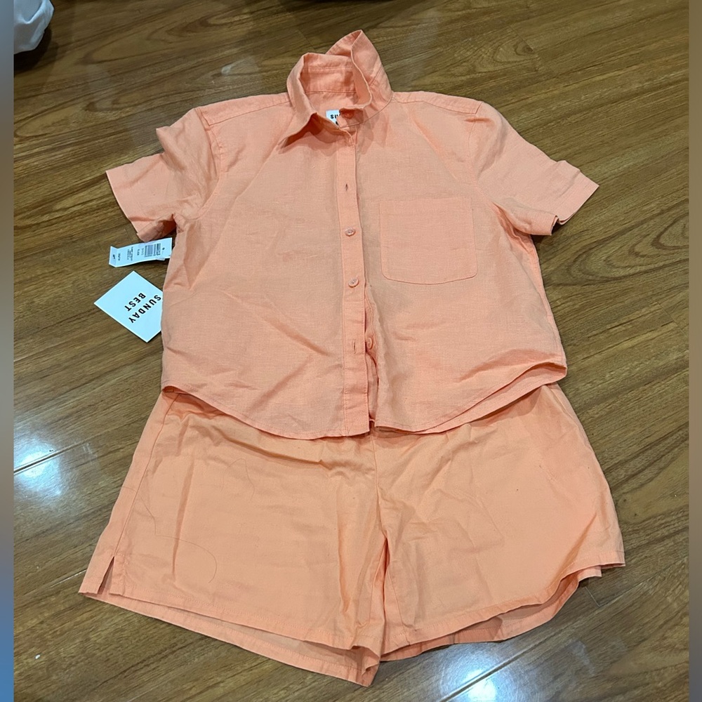 Aritzia Sunday best apricot linen top and bottom set sz xxs